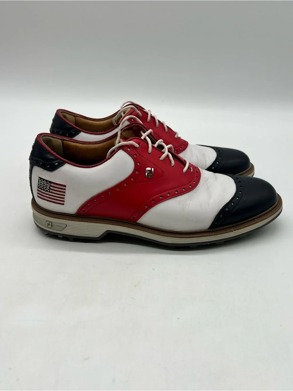 FootJoy DryJoys Premiere WILCOX Men 8.5 White Blue Red USA Flag Golf Shoes